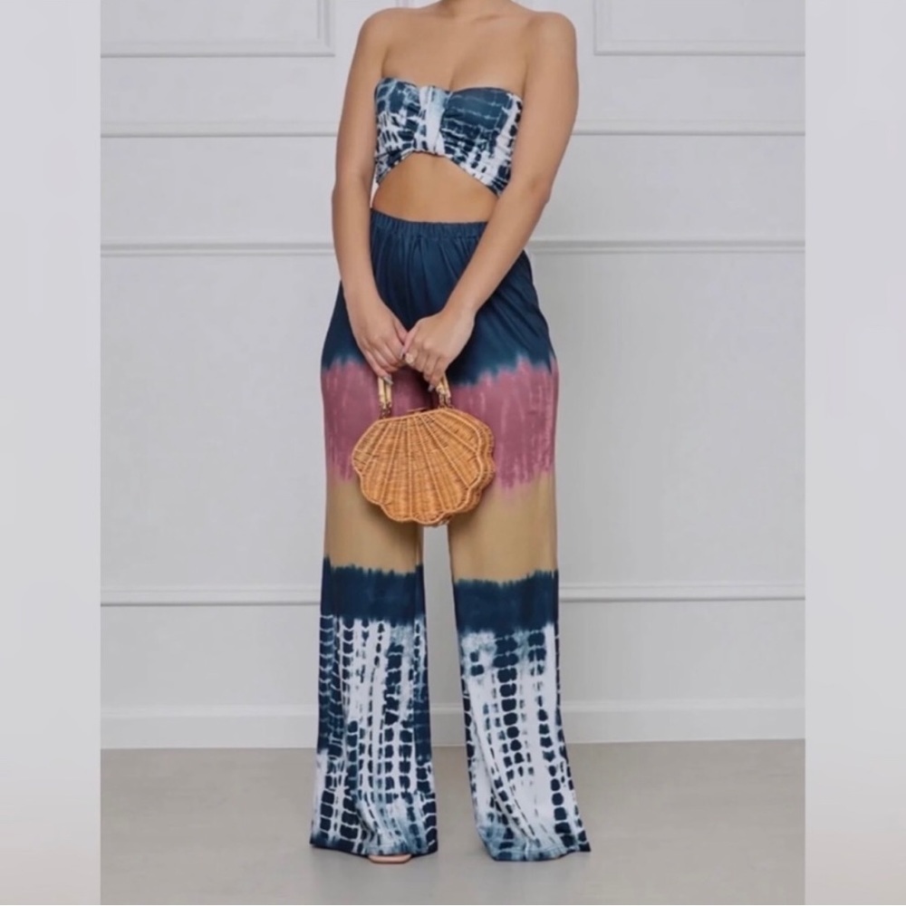 Multicolor Tie Dye Tie Front Crop Top and Wide Leg Palazzo Pants Set Size S